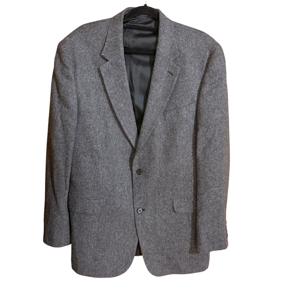 Lands End Mens Grey Herringbone Tweed Lambswool Wool Blazer Sport Coat 44L 80836